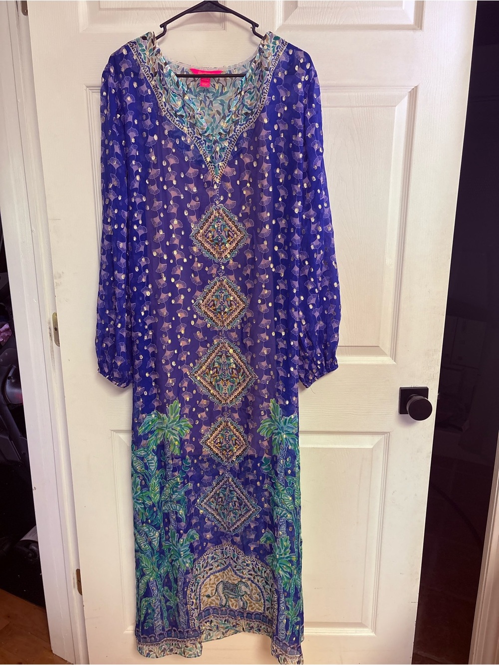 Lilly Pulitzer Jupiter Silk Maxi Caftan blue grotto fan favorite size LARGE / XL - Picture 2 of 7